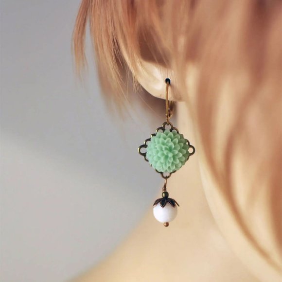 handmade Jewelry - Long Green Floral Cottagecore Earrings. Handmade Jewelry by Michelle Ann